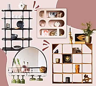 A montage of shelving styled with curios and beautiful ornaments
