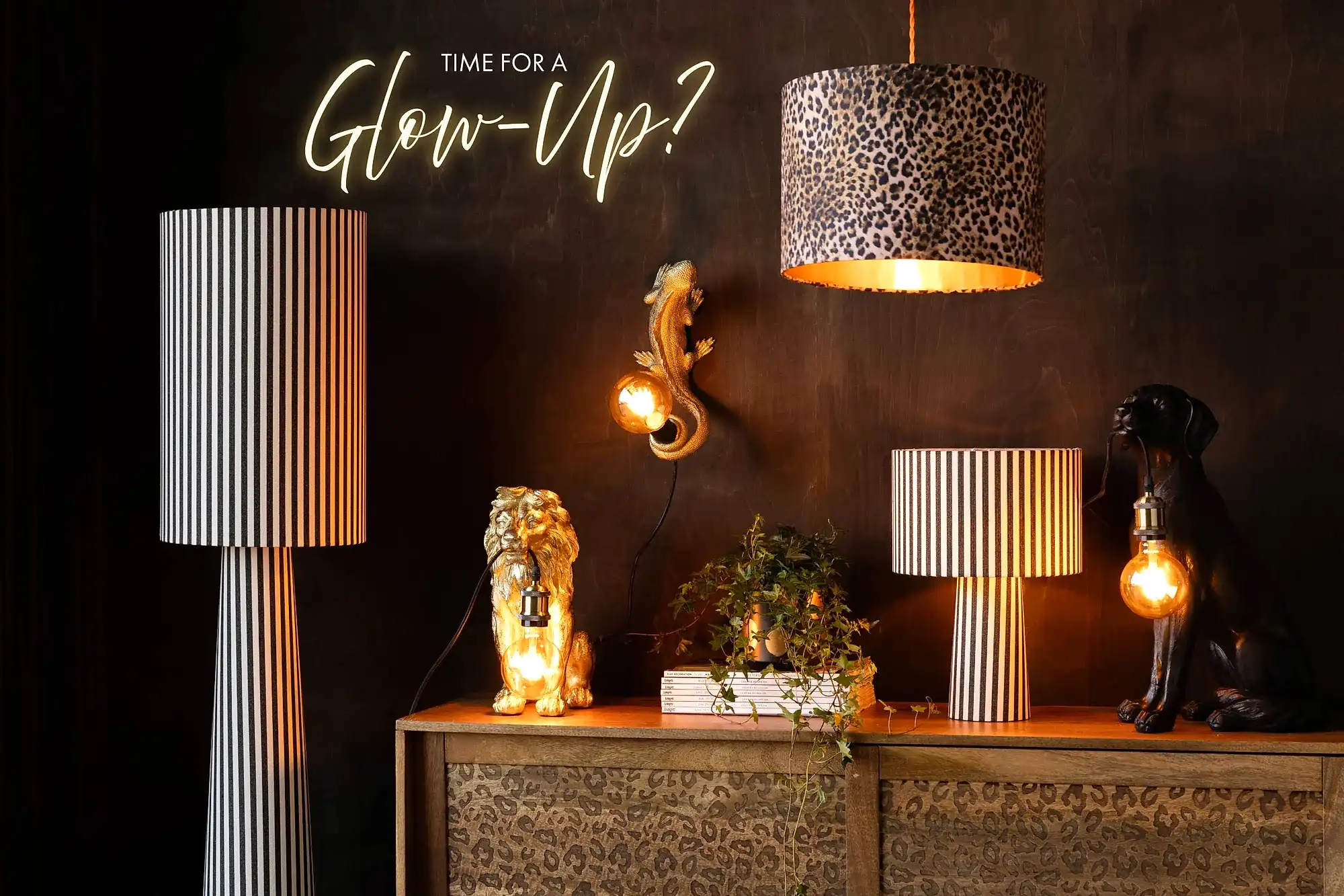 Decorative lamps and lighting fixtures on a dark background with text 'Time for a Glow-Up?'