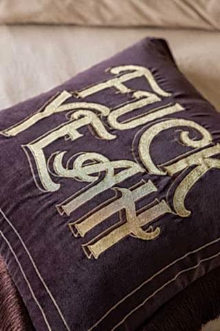 Decorative pillow with gold text on a brown background