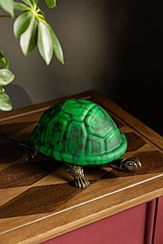The Green Speckled Glass Turtle Table Lamp shown on a wood tabletop against dark walls.
