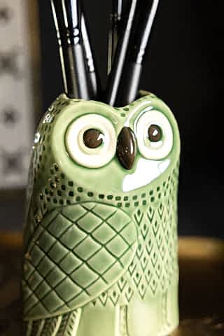 Close-up of the face of the Quirky Green Owl Bud Vase.