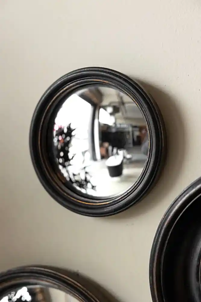 Lifestyle image of the Antique Black Thin Framed Small Convex Mirror